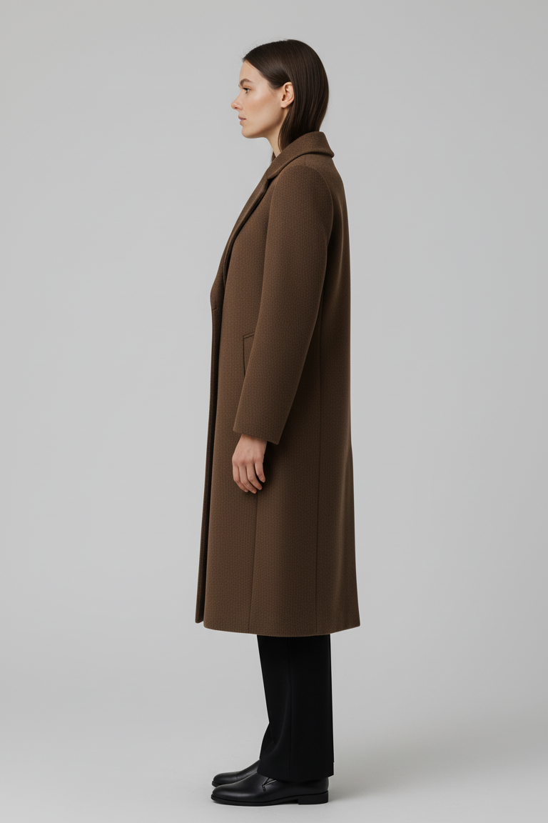 Woman wearing a brown coat standing against a plain background