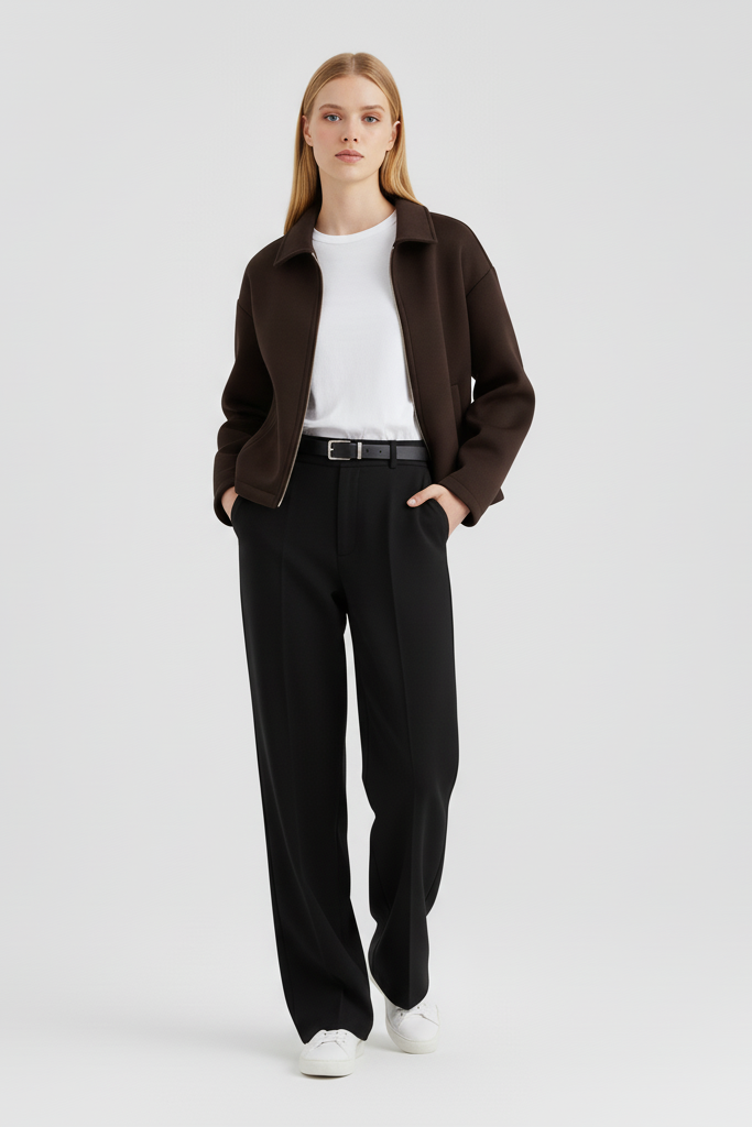 Woman wearing a brown coat, white shirt, black pants, and white shoes on a light gray background
