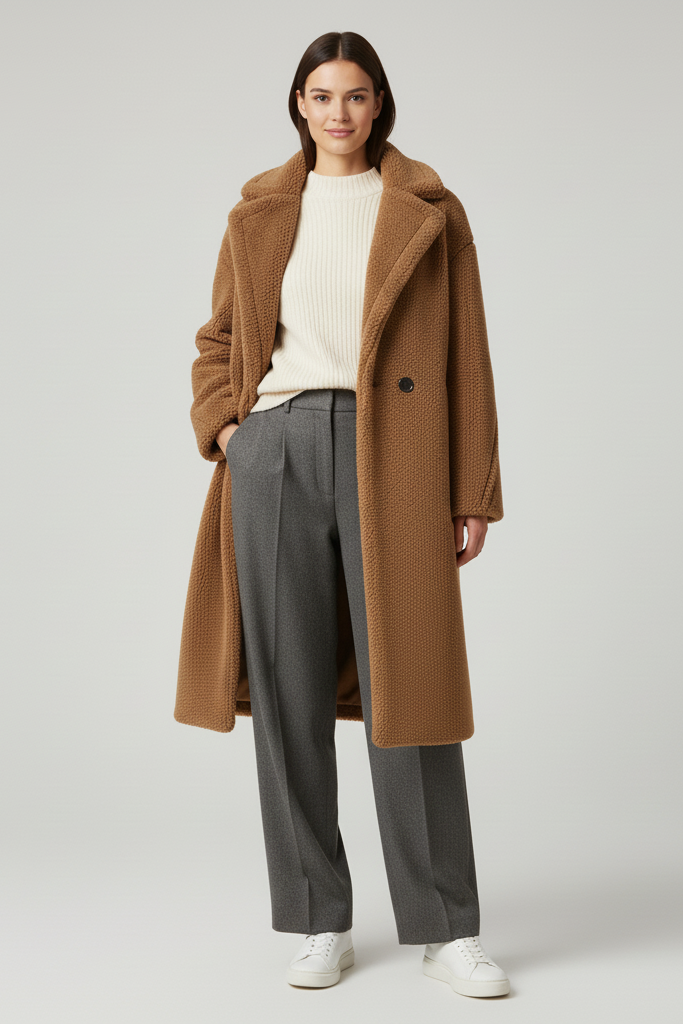 Woman wearing a brown coat, white sweater, gray pants, and white shoes on a light gray background