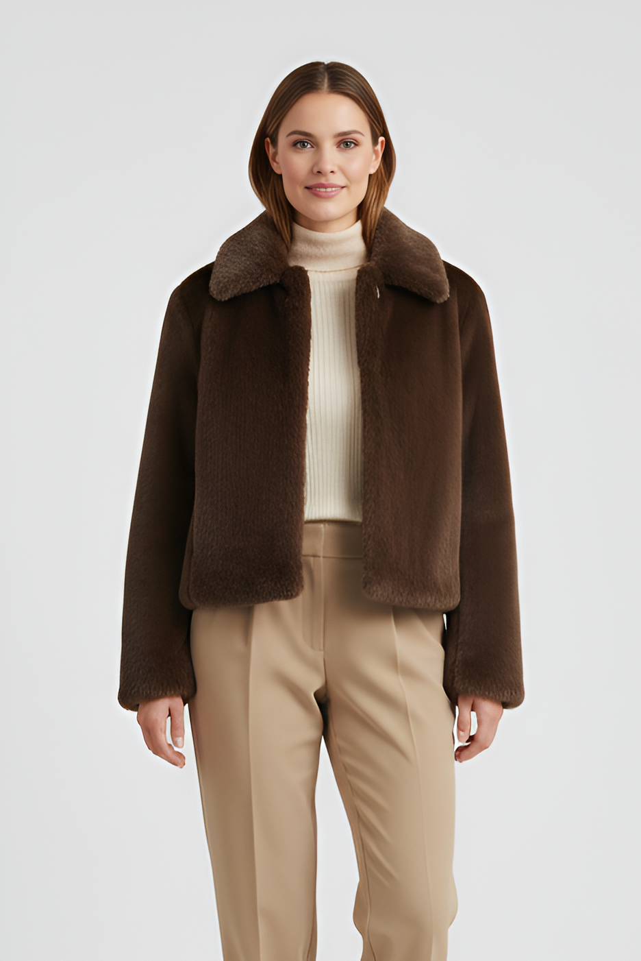 Woman wearing a brown coat with fur collar, beige sweater, and pants on a white background
