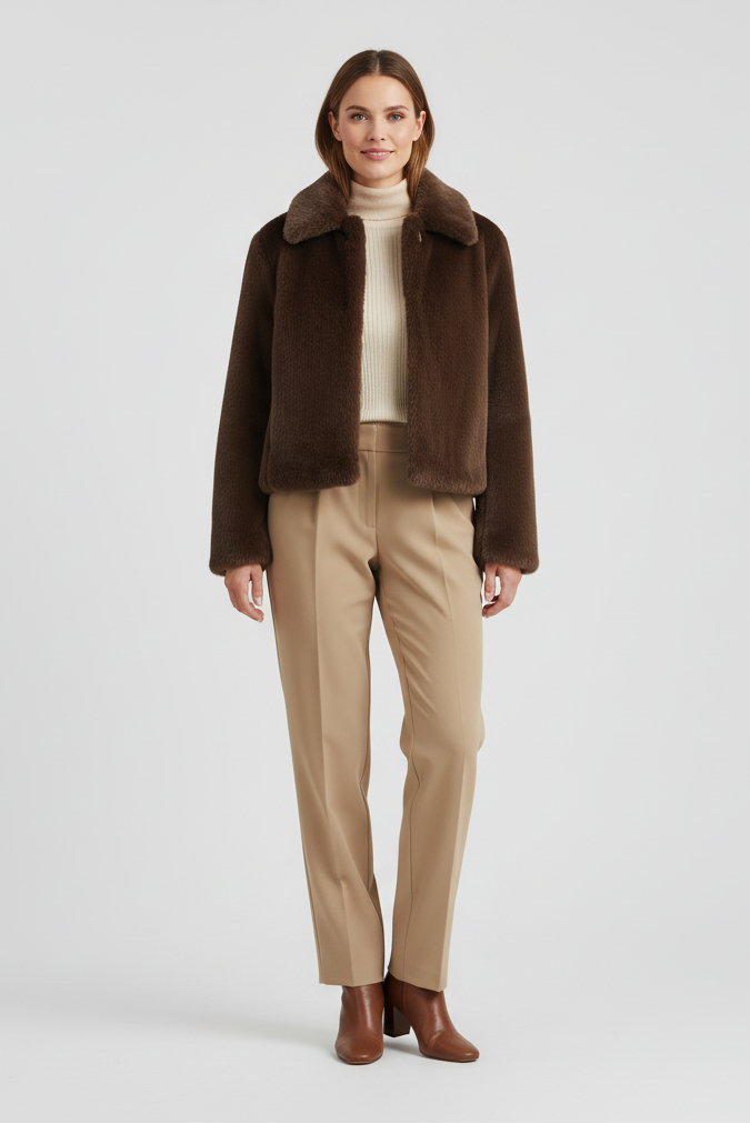Woman wearing a brown coat with fur collar, beige sweater, and pants on a white background