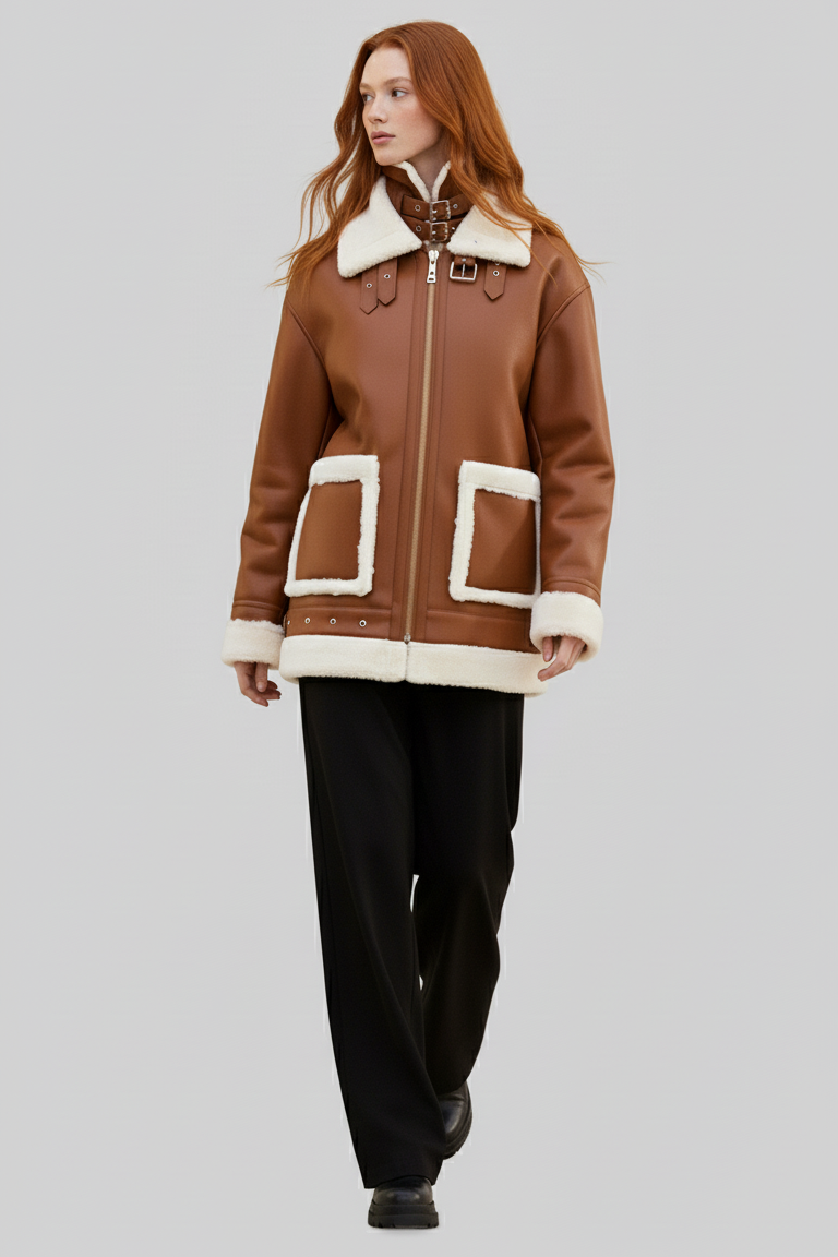 Woman wearing a brown coat with white fur trim on a gray background