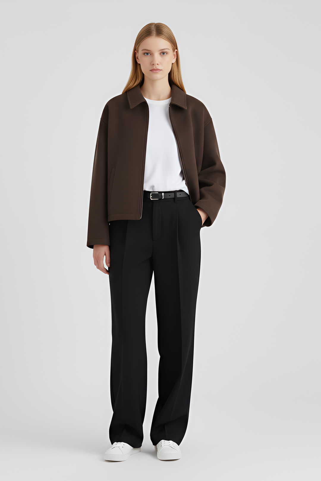 Woman wearing a brown jacket and black pants on a light gray background