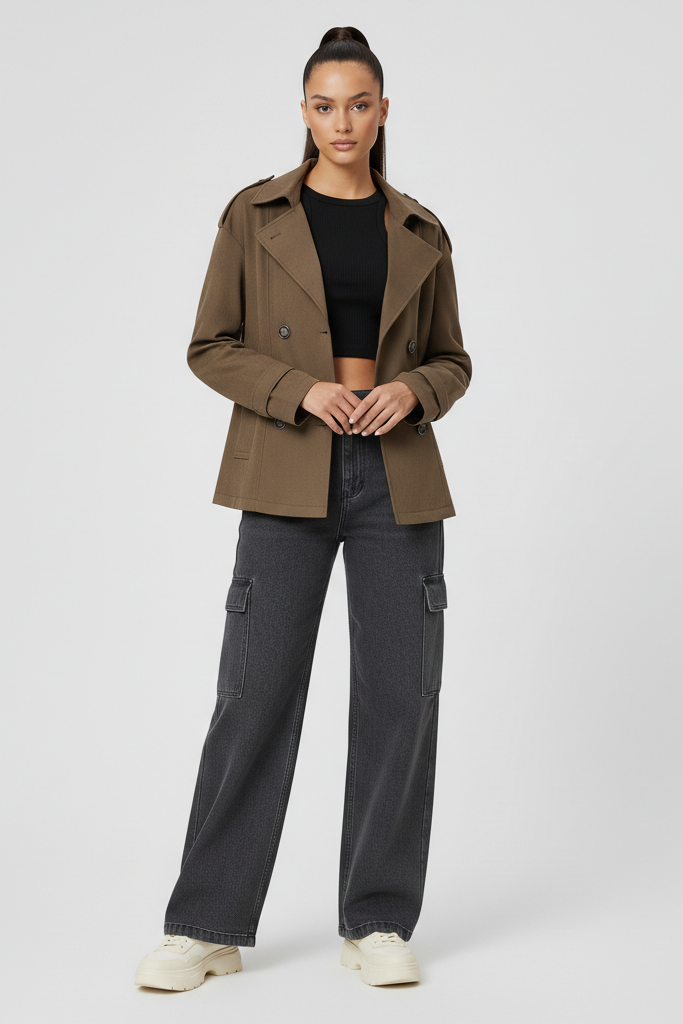 Woman wearing a brown jacket and black pants on a white background