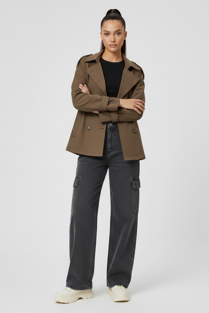 Woman wearing a brown jacket and gray pants on a white background