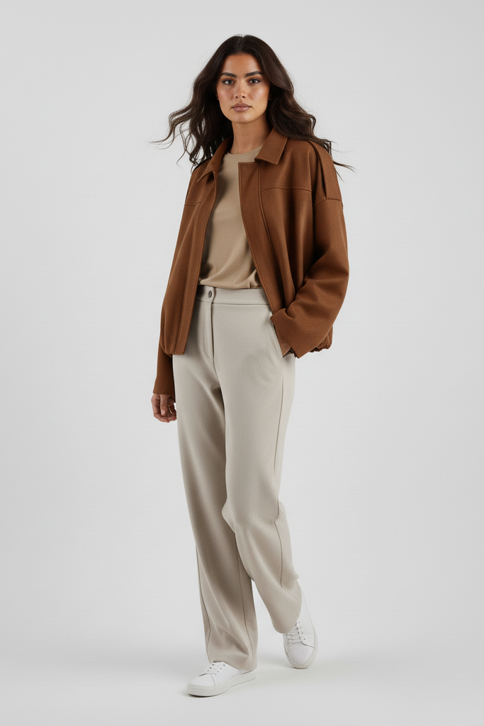 Woman wearing a brown jacket, beige top, and light-colored pants on a white background