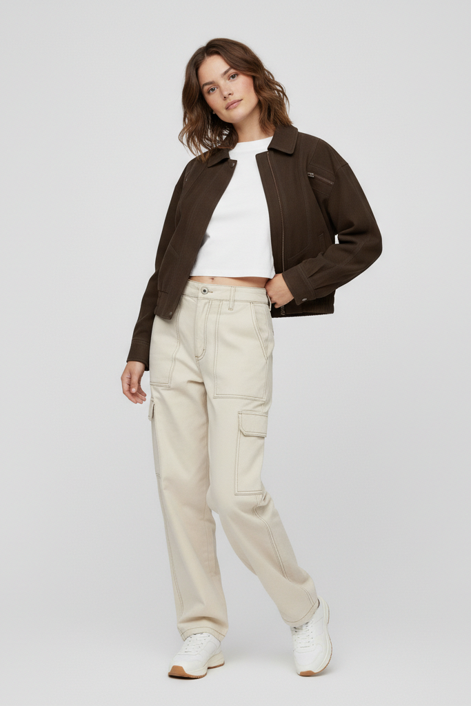 Woman wearing a brown jacket, white shirt, and beige pants on a light gray background
