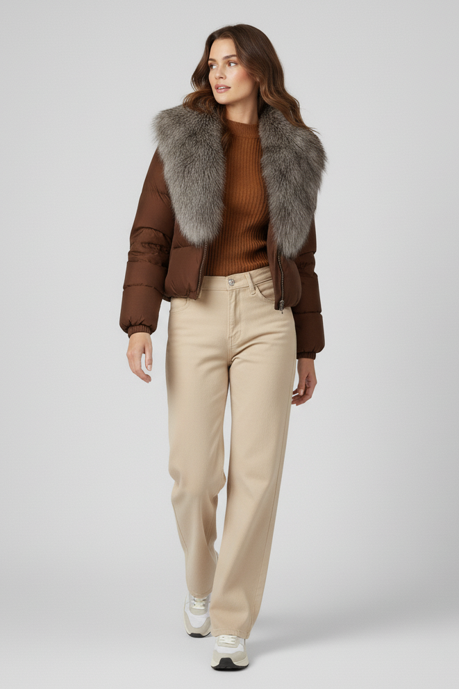 Woman wearing a brown jacket with fur collar and beige pants on a white background