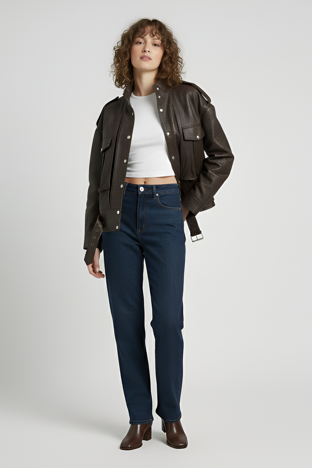 Woman wearing a brown leather jacket, white shirt, and blue jeans on a light gray background