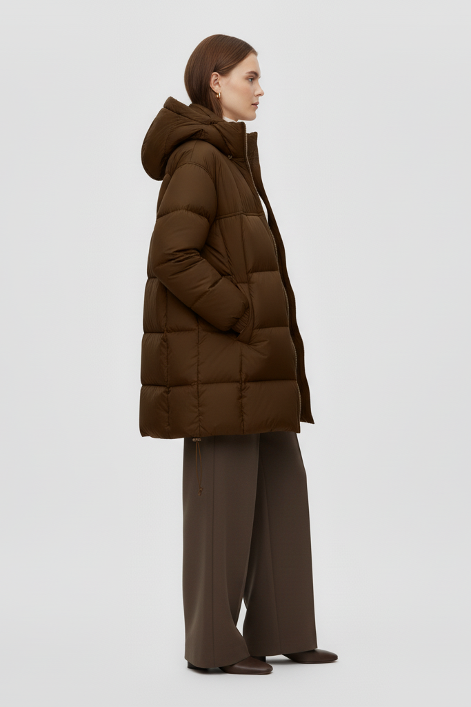 Woman wearing a brown puffer coat and dark pants on a light gray background