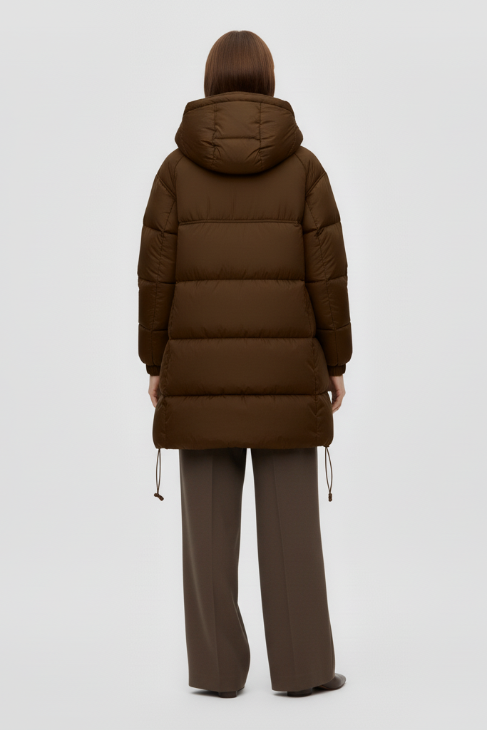 Woman wearing a brown puffer coat and dark pants on a light gray background