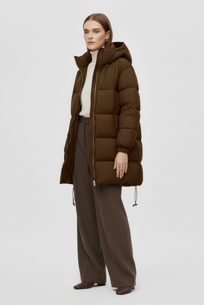 Woman wearing a brown puffer coat and dark pants on a light gray background