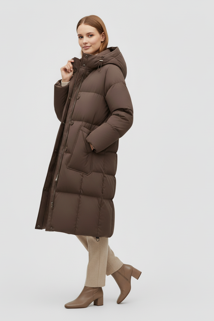 Woman wearing a brown puffer coat on a light gray background