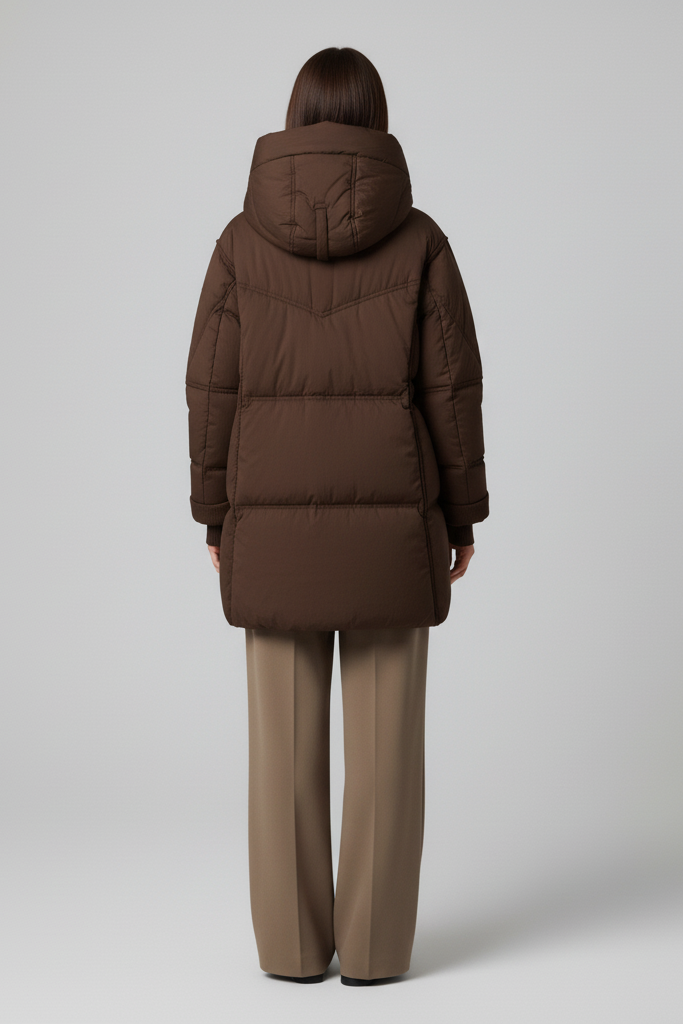 Woman wearing a brown puffer jacket against a white background