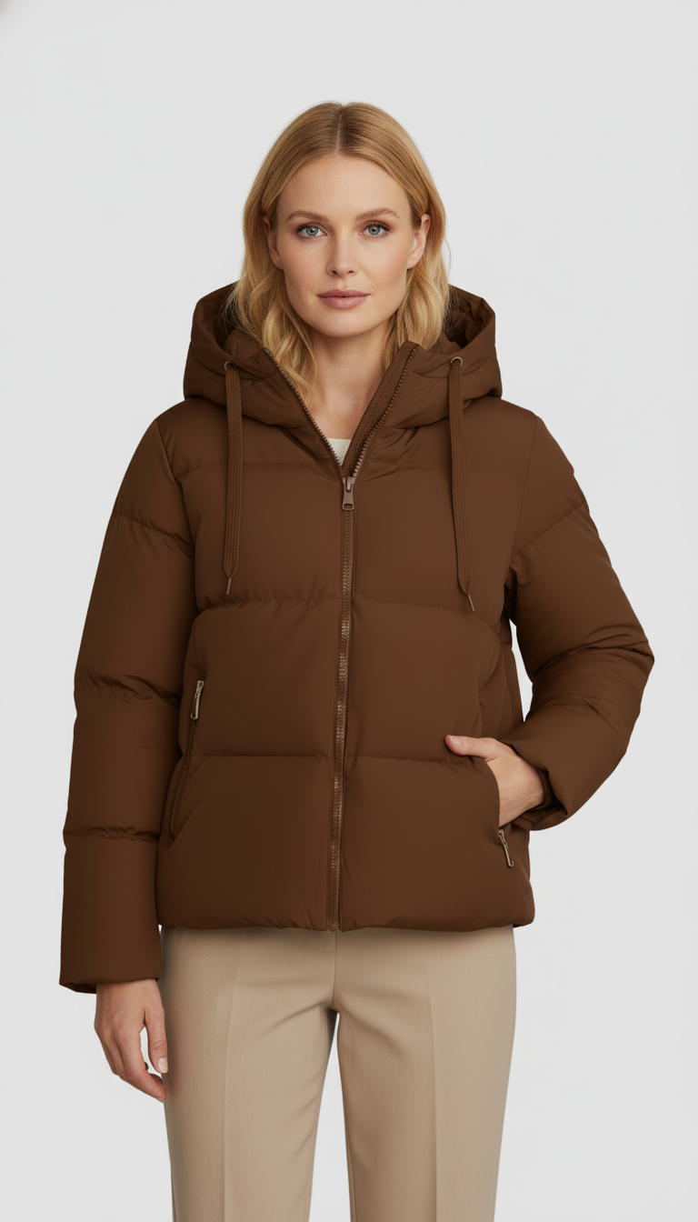 Woman wearing a brown puffer jacket on a white background