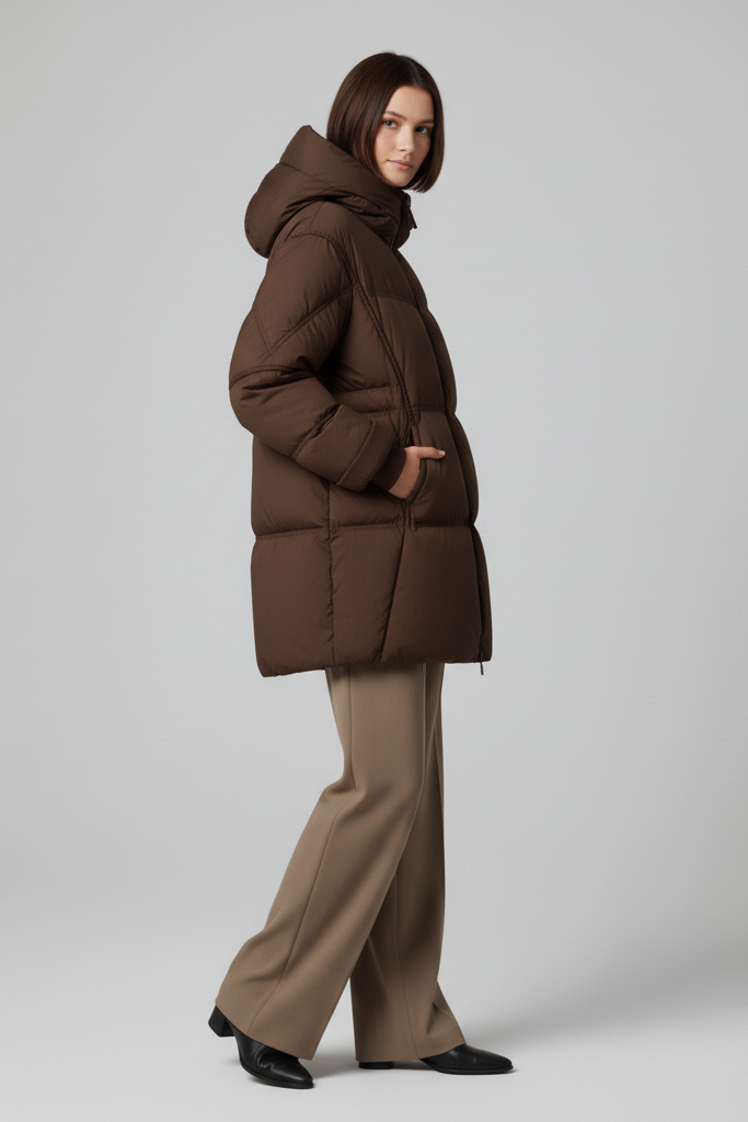 Woman wearing a brown puffer jacket against a white background