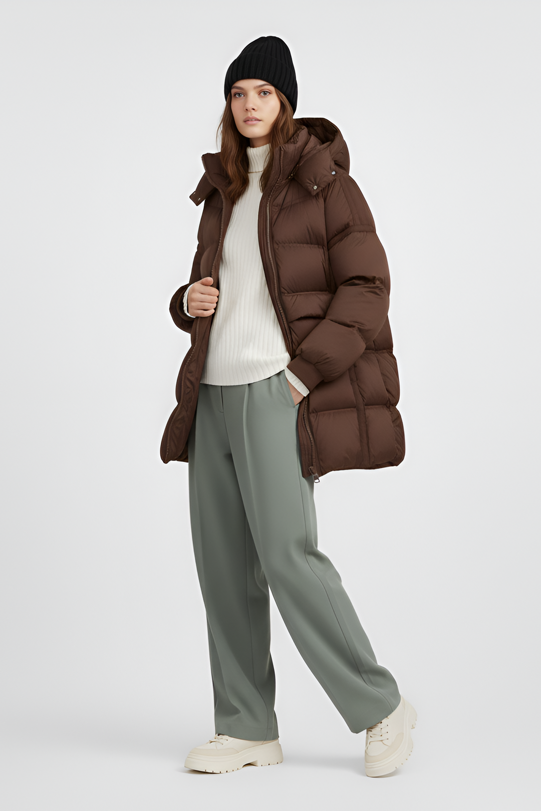 Woman wearing a brown puffer jacket on a light gray background