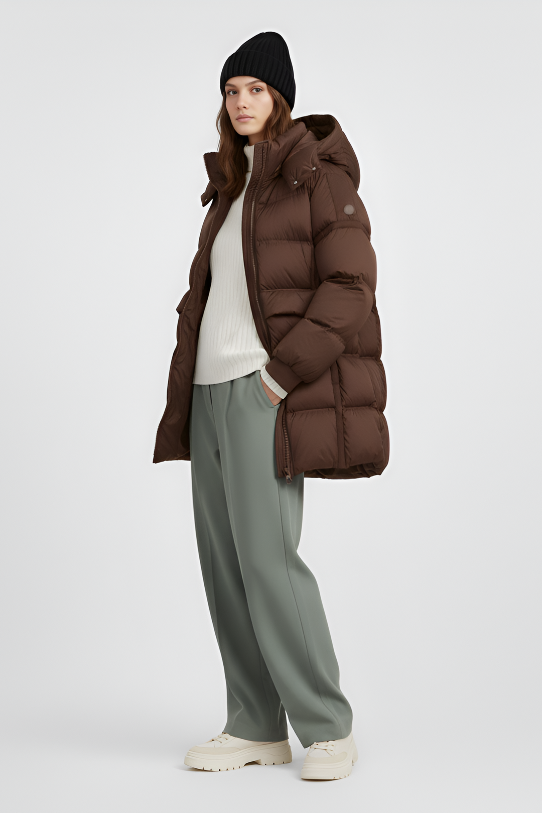 Woman wearing a brown puffer jacket on a light gray background