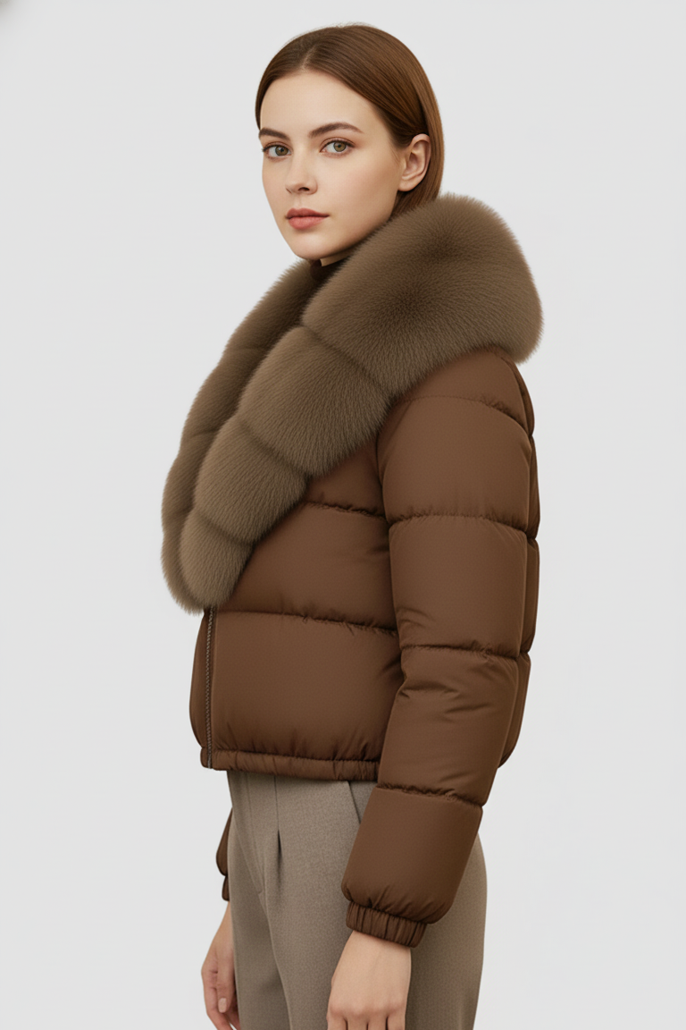 Woman wearing a brown puffer jacket with a fur collar on a white background