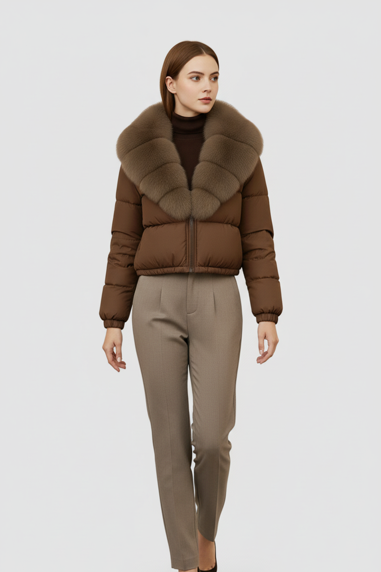 Woman wearing a brown puffer jacket with fur collar and beige pants on a white background