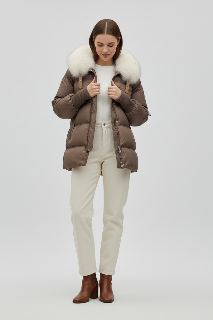 Woman wearing a brown puffer jacket with fur trim on a white background
