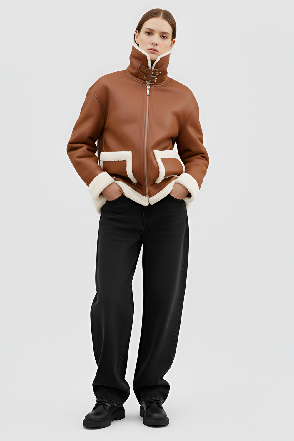 Woman wearing a brown shearling coat with white trim on a plain background