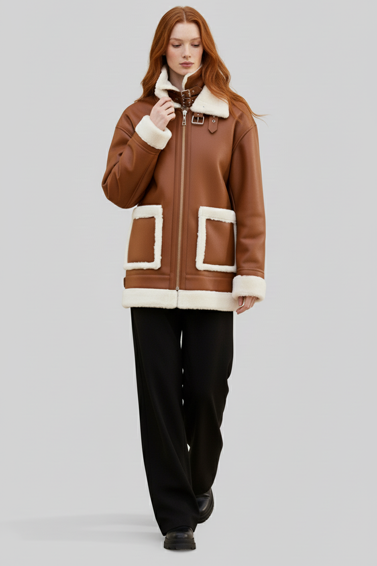 Woman wearing a brown shearling coat with white trim on a plain background