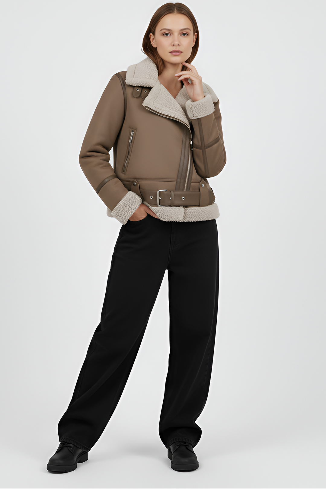 Woman wearing a brown shearling jacket and pants on a light gray background