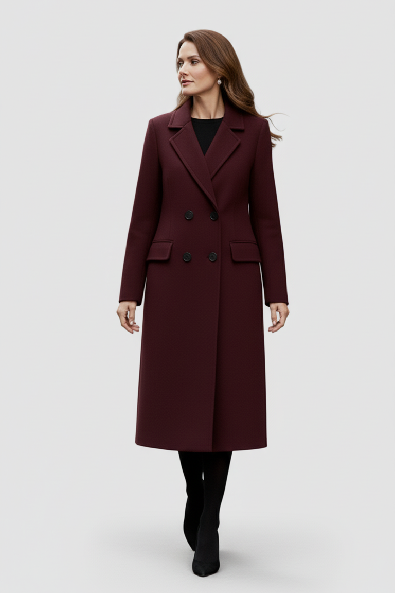 Woman wearing a burgundy coat on a white background