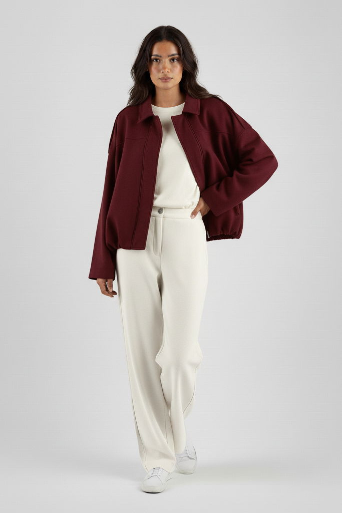Woman wearing a burgundy jacket and white pants on a plain background