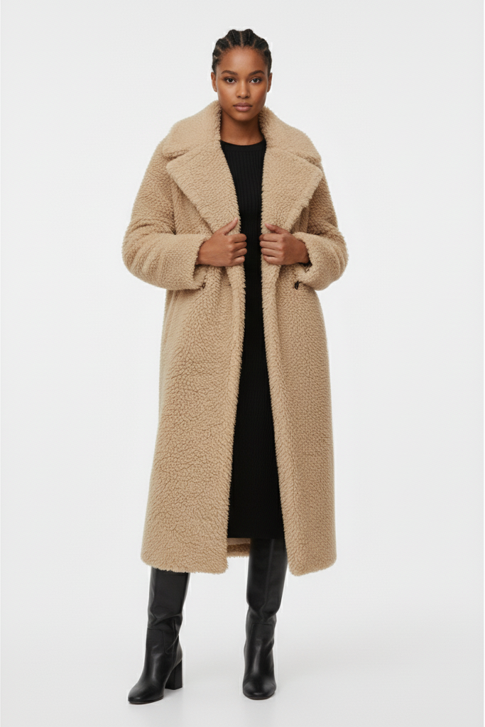 Woman wearing a camel coat on a white background