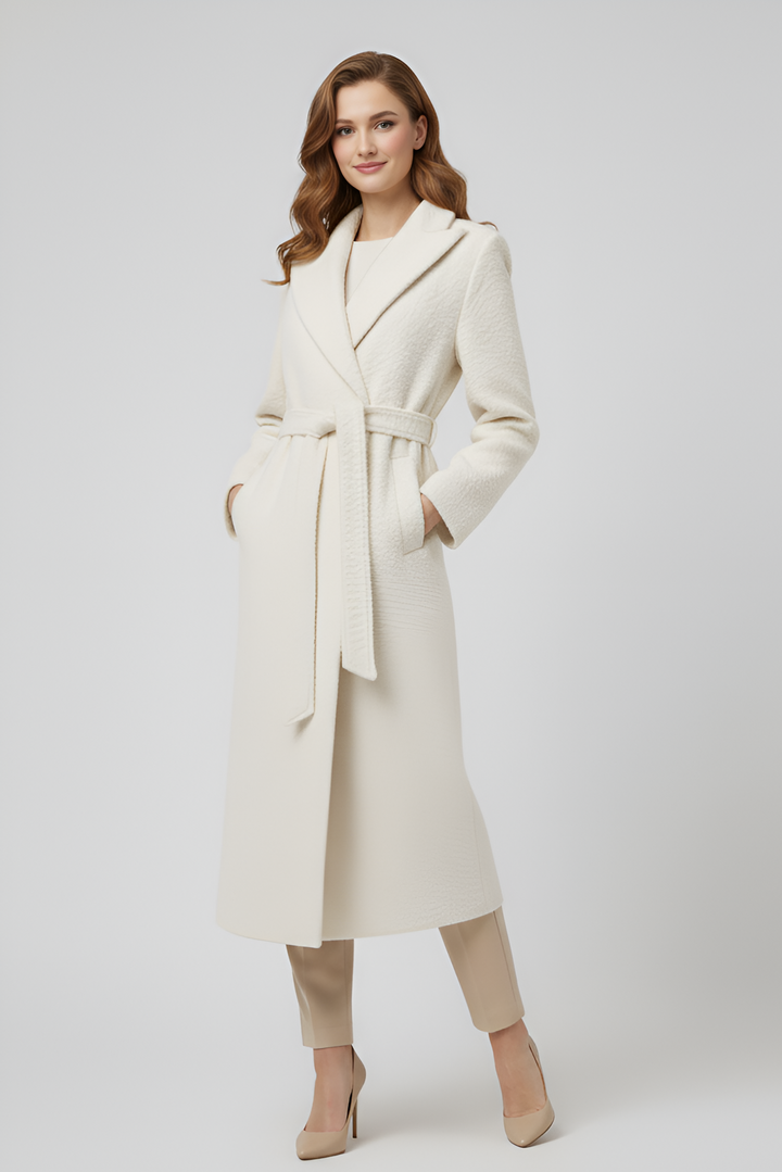 Woman wearing a cream-colored coat on a white background