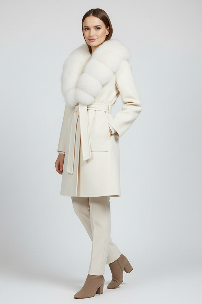 Woman wearing a cream coat with a fur collar on a white background