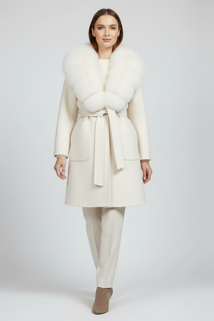 Woman wearing a cream coat with fur collar on a white background