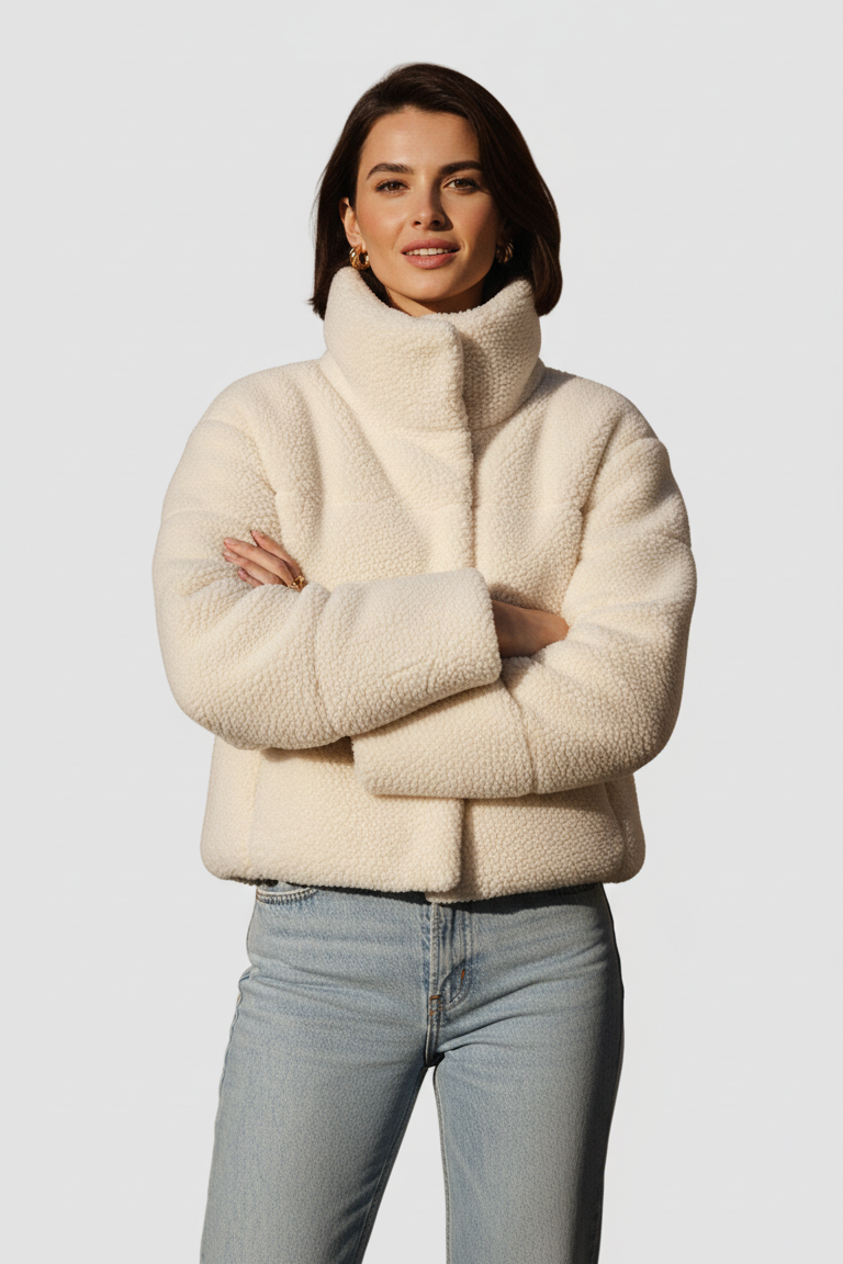 Woman wearing a cream sherpa jacket and light blue jeans on a white background