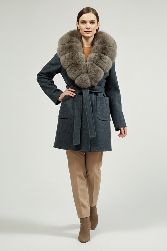 Woman wearing a dark coat with a fur collar on a light gray background