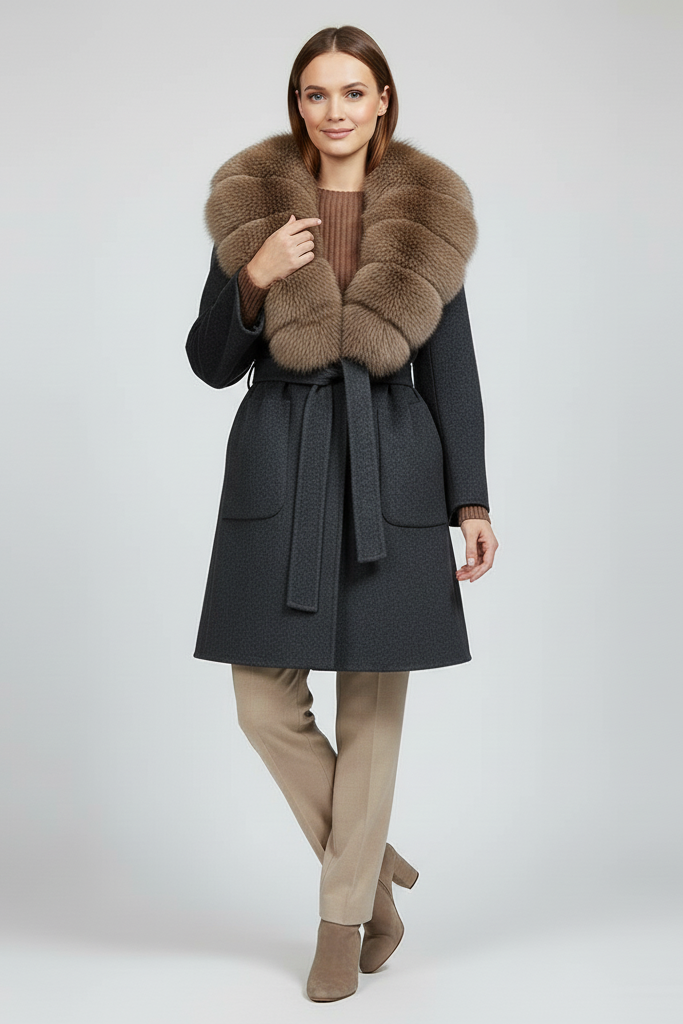 Woman wearing a dark gray coat with a fur collar on a white background