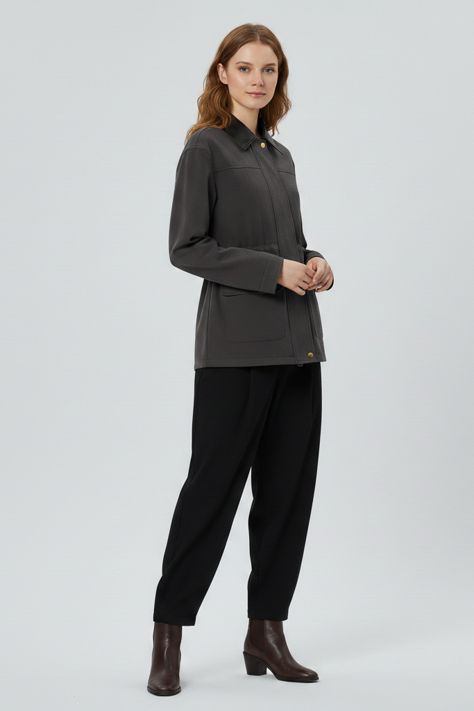 Woman wearing a dark gray jacket and black pants on a light gray background