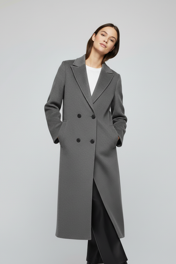 Woman wearing a gray coat on a light gray background