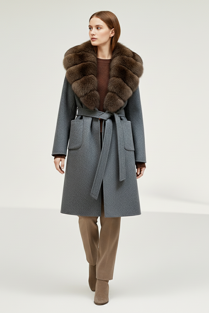 Woman wearing a gray coat with a fur collar on a white background