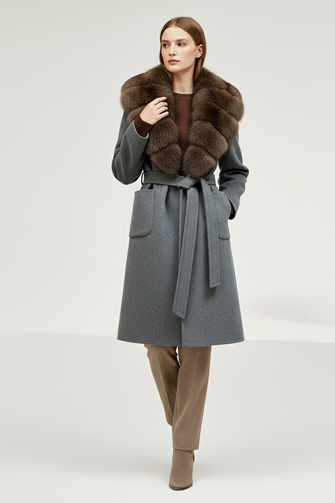 Woman wearing a gray coat with a fur vest on a white background