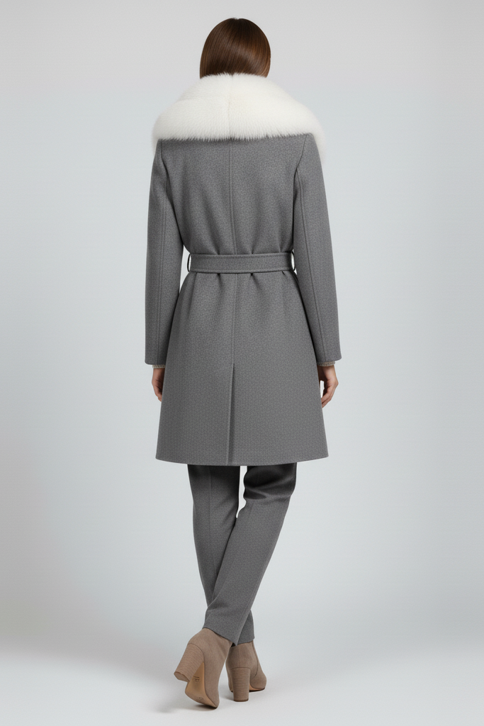 Woman wearing a gray coat with white fur trim on a light gray background