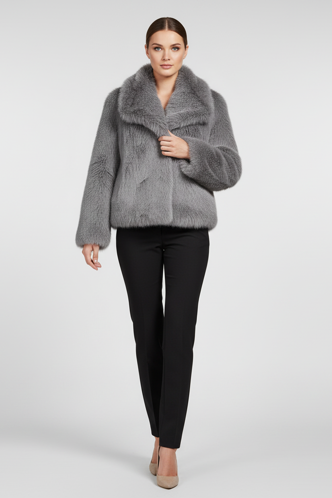 Woman wearing a gray faux fur jacket in a room with neutral decor