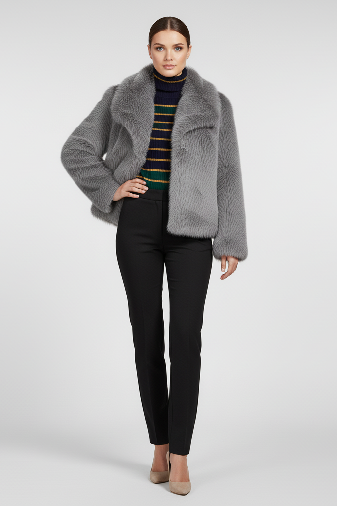 Woman wearing a gray fluffy jacket in an indoor setting