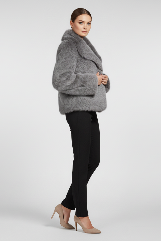 Woman wearing a gray fur coat sitting indoors.