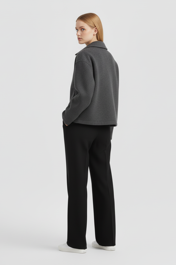 Woman wearing a gray jacket and black pants on a light gray background