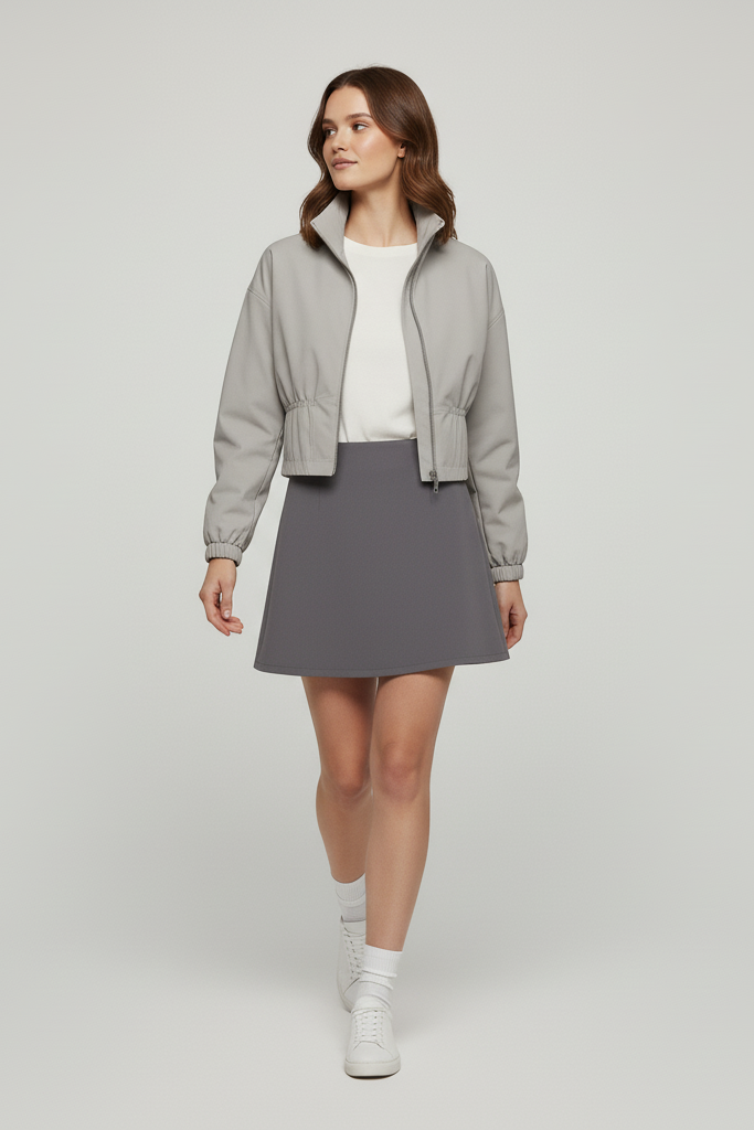 Woman wearing a gray jacket and skirt on a white background