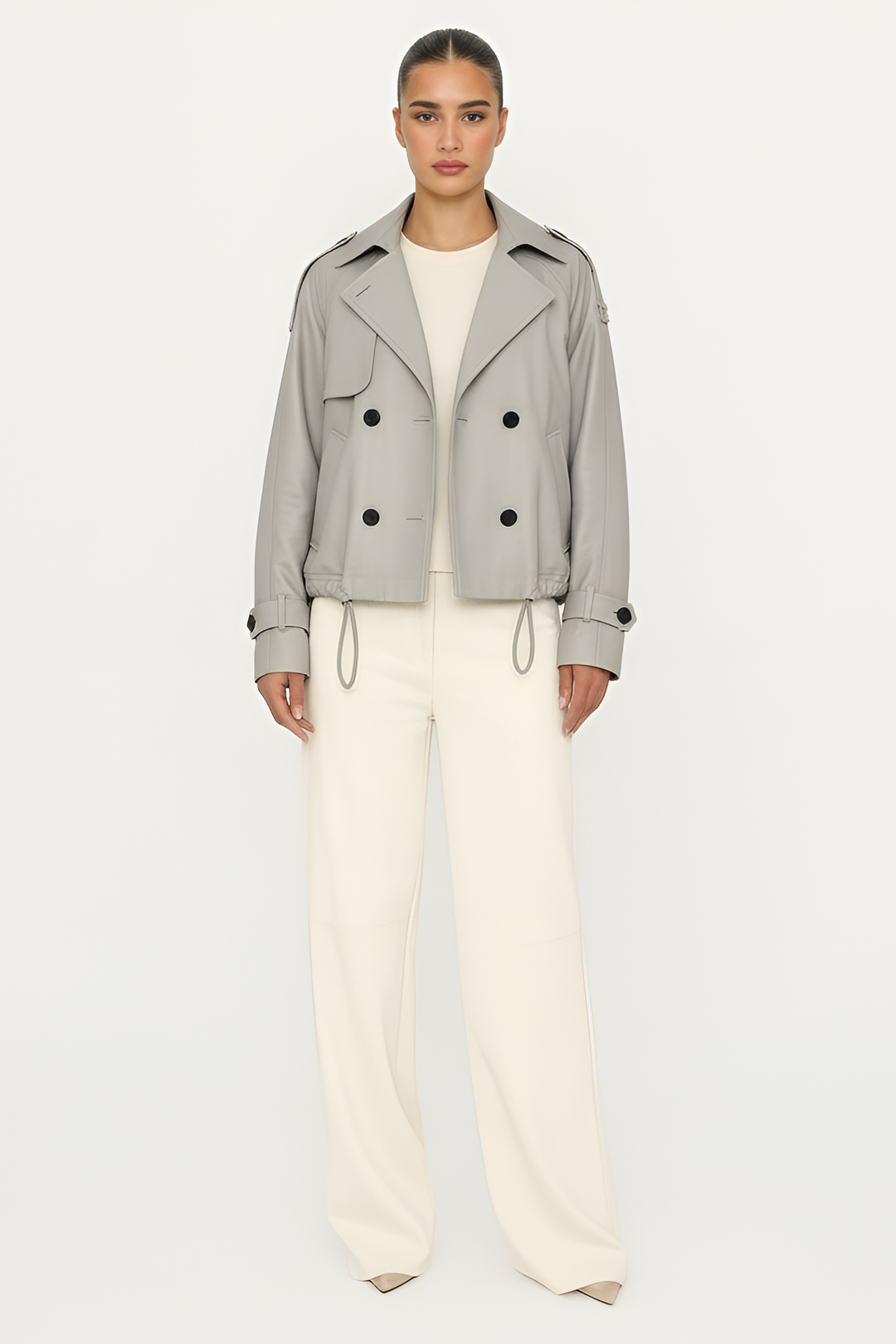 Woman wearing a gray jacket and white pants on a white background