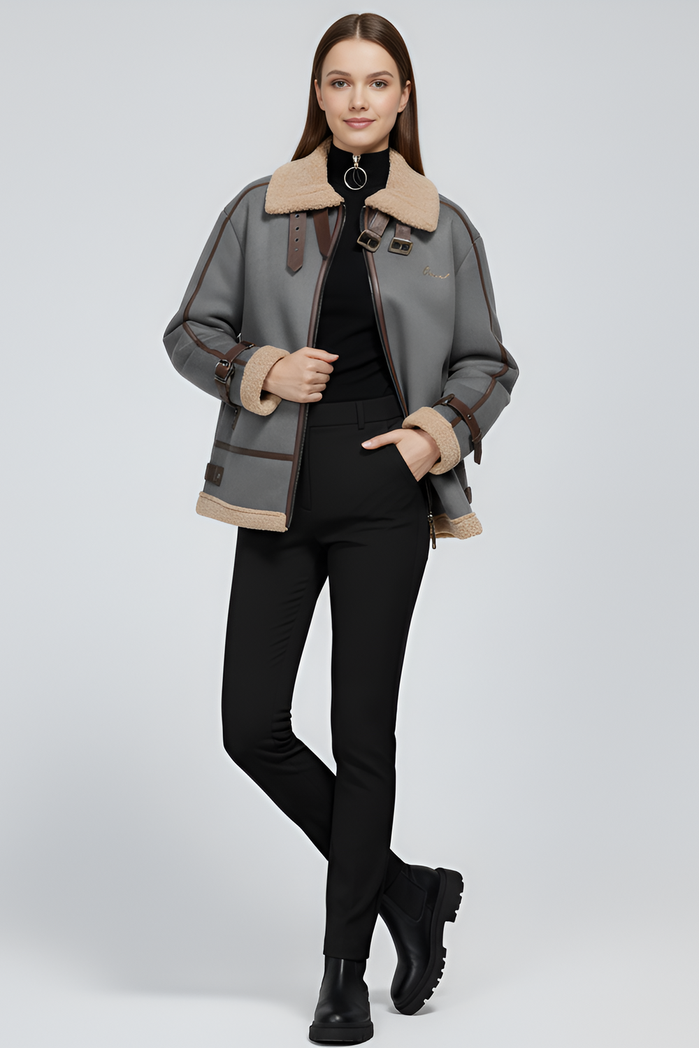 Woman wearing a gray jacket with beige accents on a white background