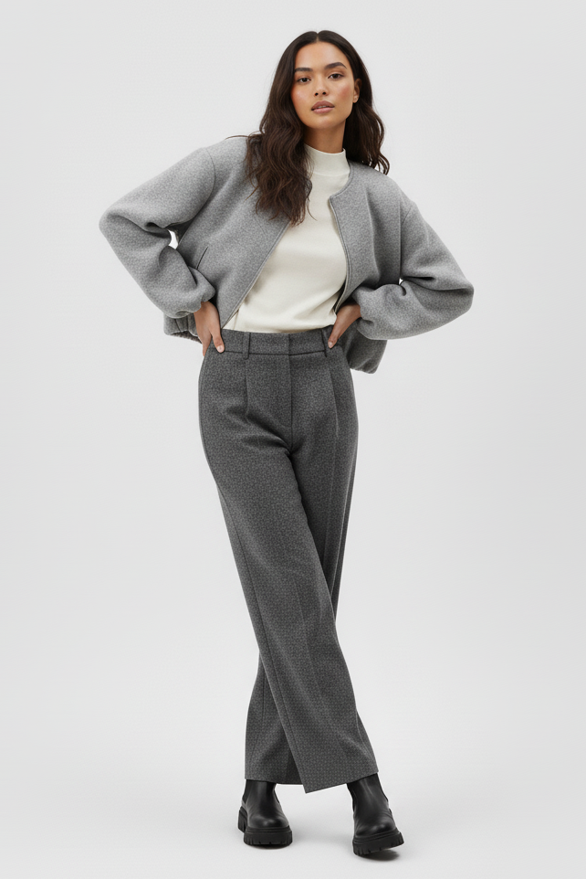 Woman wearing a gray sweater and gray pants on a white background